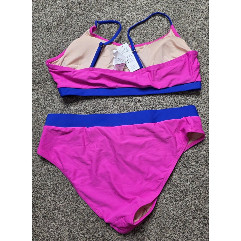 NWT Cupshe Two Piece Swimsuit Size XL Hot Pink Blue Bikini Activewear Pool Beach - Picture 7 of 8